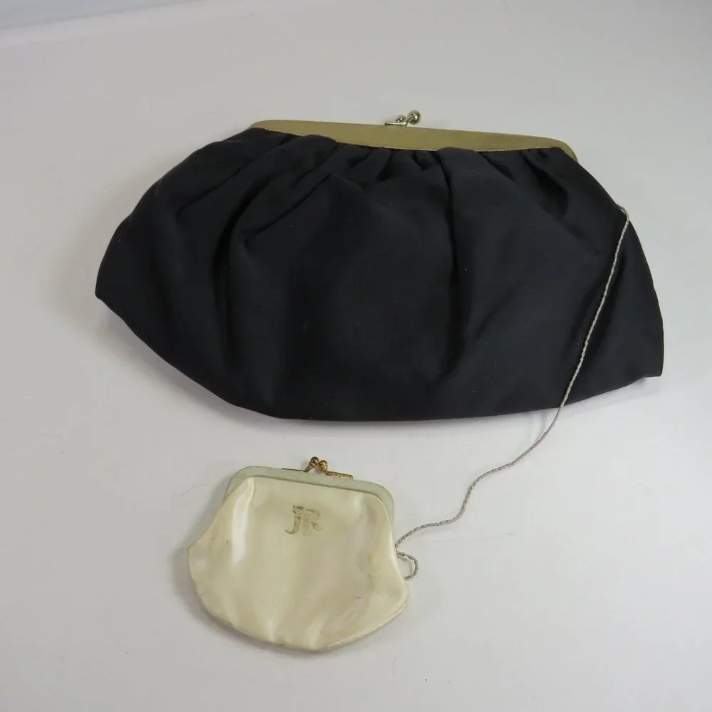 Vintage Julius Resnick Black Satin Evening Clutch | Mid Century MCM Purse Set